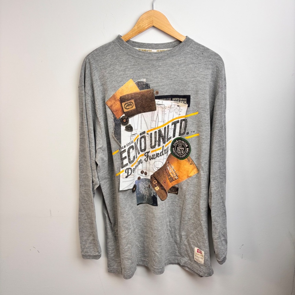 Ecko Unltd Denim Foundry Graphic Long Sleeve Shirt Large Y2K Hip Hop Streetwear